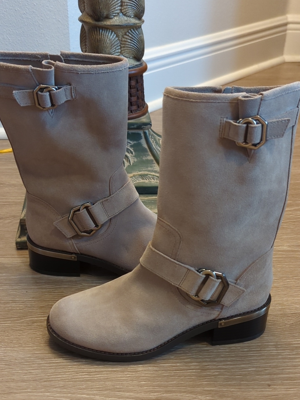 Vince Camuto WadelynTaupe Suede Moto Mid-Calf Buckle Boots Size 7